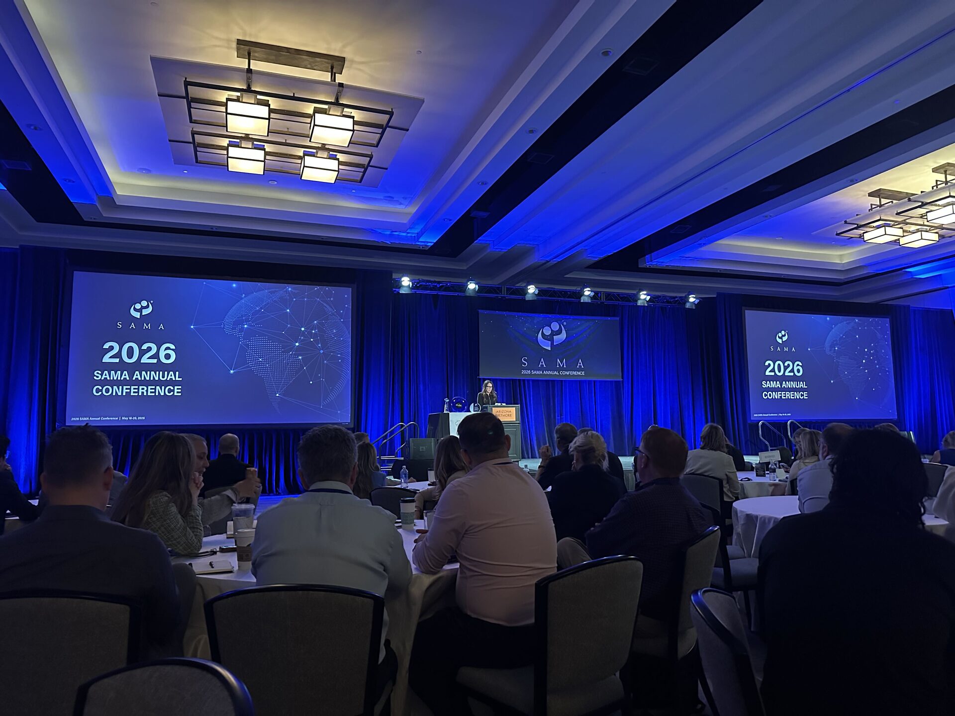 Main stage at the 2026 SAMA Annual Conference, Arizona Biltmore, Phoenix — 2026 SAMA Annual Conference branding on screens